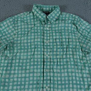 Lands End Shirt Womens Medium Green 100% Linen Plaid Button Up Beachy Tropical